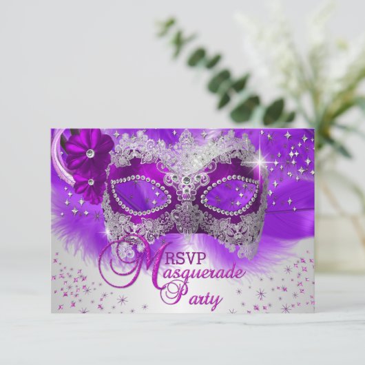 Kant Masker Paarse Zilveren Masquerade RSVP (Staand voorkant)