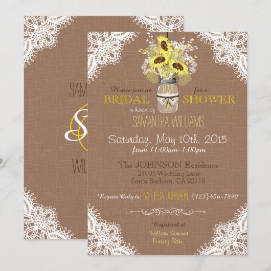 Kant Mason Jar Zonnebloem Rustiek Vrijgezellenfees Kaart (Voorkant / Achterkant)