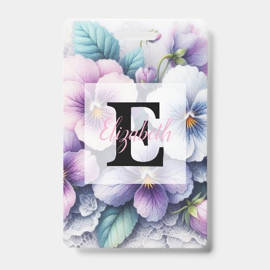 Kant met monogram bloem roze paarse viooltjes bloe badge (Voorzijde)