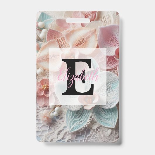 Kant met monogram bloem roze pastel orchidee bloem badge (Voorzijde)