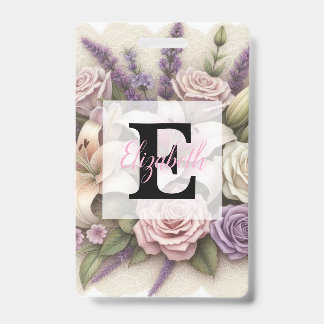 Kant met monogram bloemendecor paarse rozen lavend badge