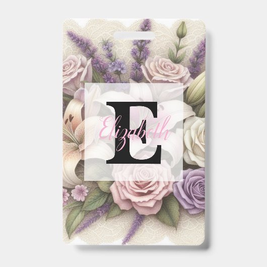 Kant met monogram bloemendecor paarse rozen lavend badge (Voorzijde)