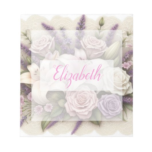 Kant met monogram bloemendecor paarse rozen lavend notitieblok (Voorkant)