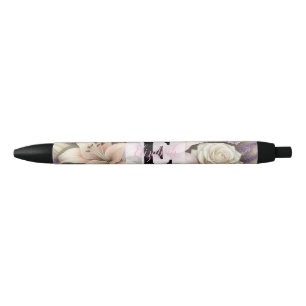 Kant met monogram bloemendecor paarse rozen lavend zwarte inkt pen