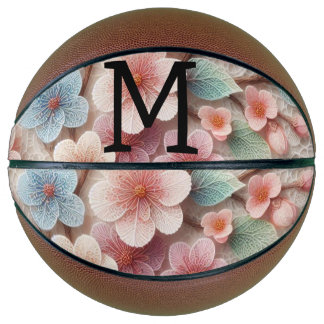 Kant met monogram bloemig roze pastel kersenbloese basketbal