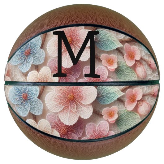 Kant met monogram bloemig roze pastel kersenbloese basketbal (Voorkant)