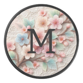 Kant met monogram bloemig roze pastel kersenbloese hockey puck