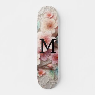 Kant met monogram bloemig roze pastel kersenbloese persoonlijk skateboard
