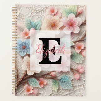 Kant met monogram bloemig roze pastel kersenbloese planner