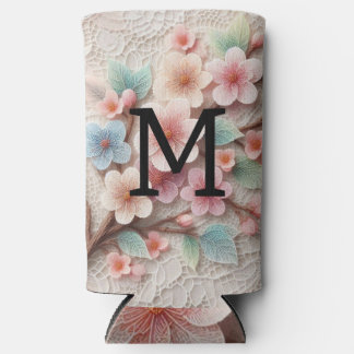 Kant met monogram bloemig roze pastel kersenbloese seltzer blikjeskoeler