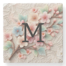 Kant met monogram bloemig roze pastel kersenbloese
