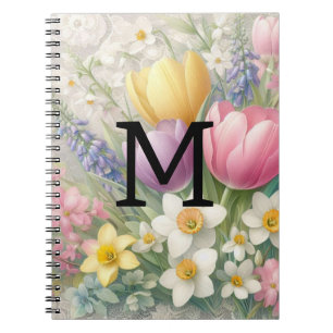 Kant met monogram bloemmotief pastel roze tulpen n notitieboek