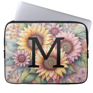 Kant met monogram bloemmotief roze geel oranje zon laptop sleeve