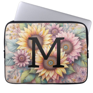 Kant met monogram bloemmotief roze geel oranje zon laptop sleeve