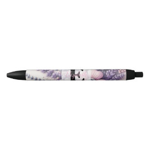 Kant met monogram bloemmotief roze paars lavendel zwarte inkt pen