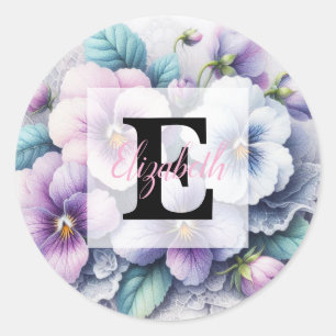 Kant met monogram bloemmotief roze paarse viooltje ronde sticker