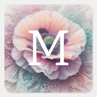 Kant met monogram bloemmotief roze pastel klaproze vierkante sticker