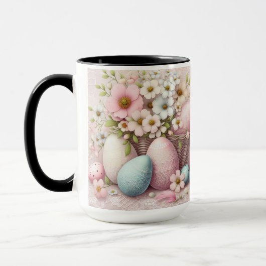 Kant met monogram roze bloemige Pasen eieren in ee Mok (Links)