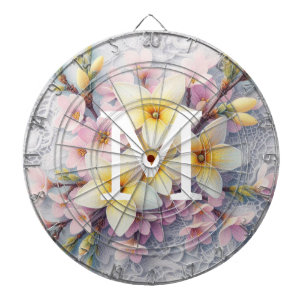 Kant met monogram roze en gele lentebloemen dartbord