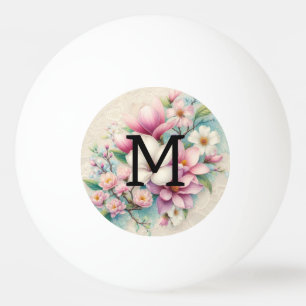 Kant met monogram roze paarse magnolia bloemen pingpongbal