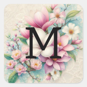 Kant met monogram roze paarse magnolia bloemen vierkante sticker