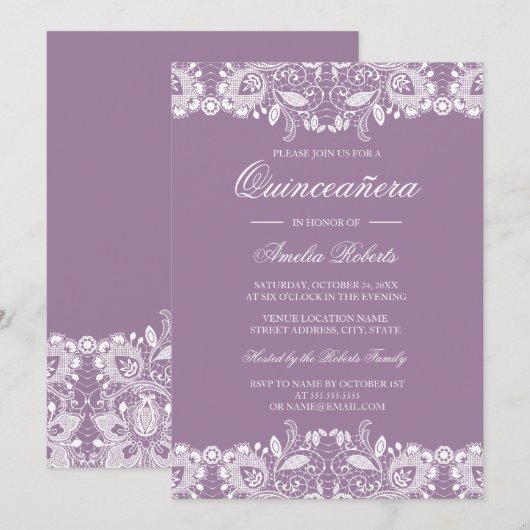 Kant Paarse Quinceanera Uitnodiging (Voorkant / Achterkant)