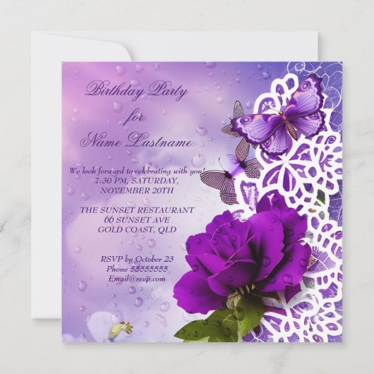  kant Paarse vlinder bloemen Verjaardag Kaart (Achterkant)