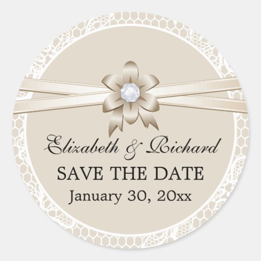 Kant rand, beige lint bruiloft Save the Date Ronde Sticker (Voorkant)