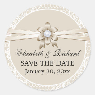 Kant rand, beige lint bruiloft Save the Date Ronde Sticker