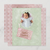  kant roze groen meisje foto doop kaart (Voorkant / Achterkant)