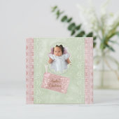  kant roze groen meisje foto doop kaart (Staand voorkant)