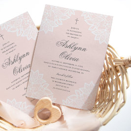 Kant roze religieuze doop & doopfeest vintage aankondiging