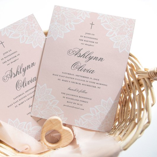 Kant roze religieuze doop & doopfeest vintage aankondiging