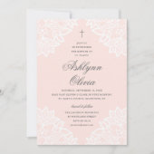 Kant roze religieuze doop & doopfeest vintage aankondiging (Voorkant)
