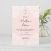 Kant roze religieuze doop & doopfeest vintage aankondiging (Staand voorkant)