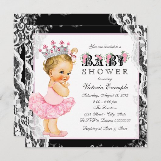  Kant Roze Zwarte Ballerina Tutu Baby shower Kaart (Voorkant / Achterkant)