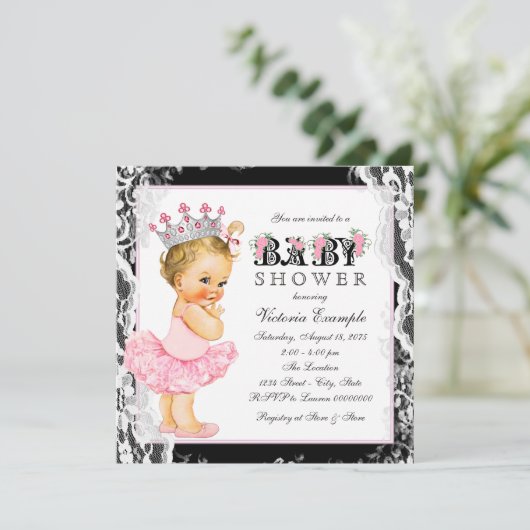  Kant Roze Zwarte Ballerina Tutu Baby shower Kaart (Staand voorkant)