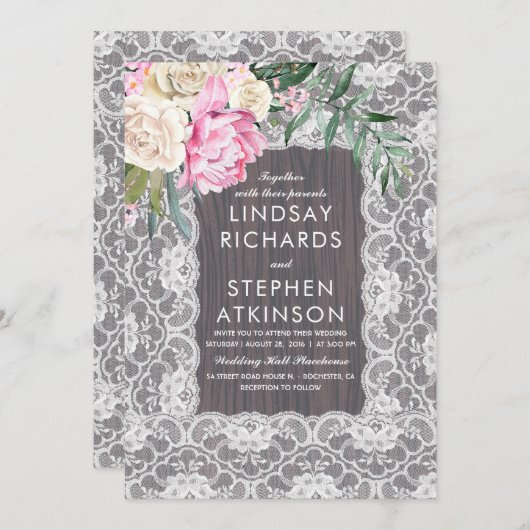  kant Rustiek Hout Roze Crème Bloemen Huwelijk Kaart (Voorkant / Achterkant)