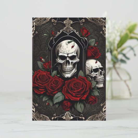 Kant schedels en Rozen Gotische Elegantie Bruiloft Kaart (Staand voorkant)