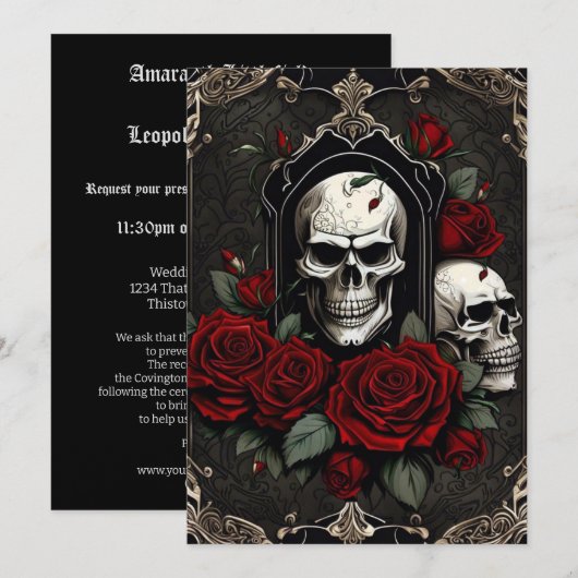 Kant schedels en Rozen Gotische Elegantie Bruiloft Kaart (Voorkant / Achterkant)