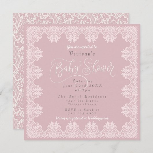 Kant  Shabby Chic Roze Baby shower Kaart (Voorkant / Achterkant)