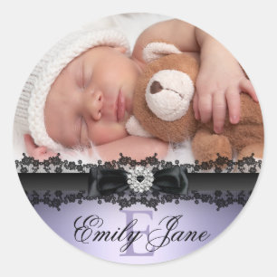Kant & Strik Purple Foto Geboorte Aankondiging Sti Ronde Sticker