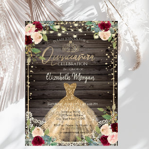 Kant, tiara, jurk, rozen Donkere houten Quinceañer Kaart
