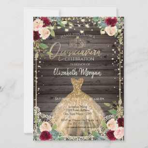 Kant, tiara, jurk, rozen Donkere houten Quinceañer Kaart