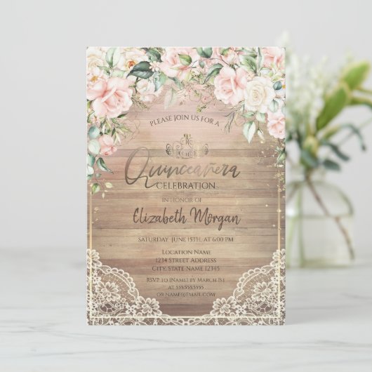 Kant, Tiara, Lichten, Houten Roze Rozen Quinceañer Kaart (Staand voorkant)
