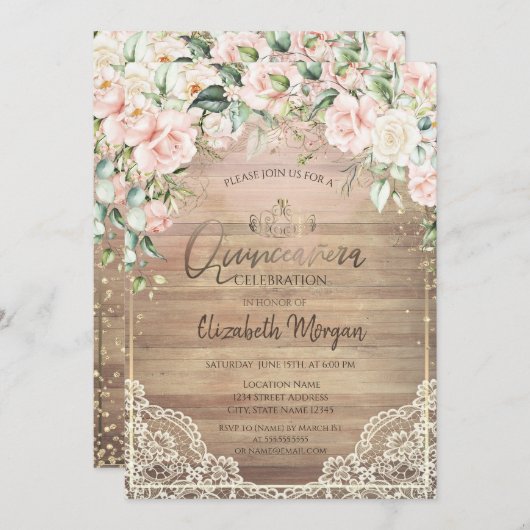 Kant, Tiara, Lichten, Houten Roze Rozen Quinceañer Kaart (Voorkant / Achterkant)