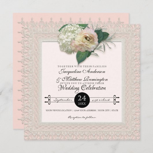  Kant Typografie Franse Bloemen Pioen Kaart (Voorkant / Achterkant)