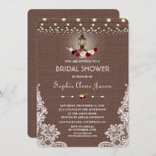 Kant Vintage Jute Snoerlamp Bruidsdouche Kaart (Voorkant / Achterkant)