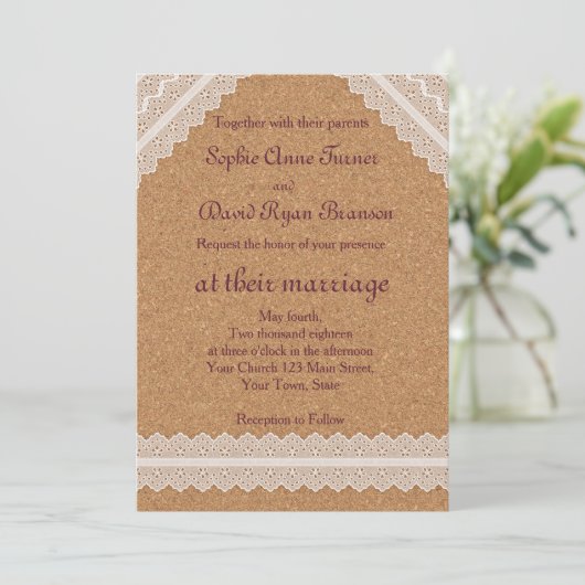 Kant vintage wijnkurk trouwuitnodiging kaart (Staand voorkant)