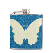 Kant vlinder op blauwe glitter fles heupfles (Voorkant)